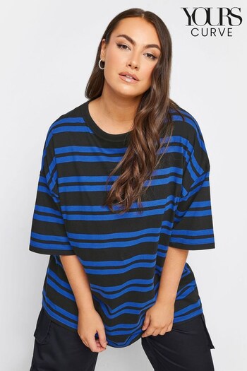 Yours Curve Blue Engineered Double Stripe Boxy T-Shirt (Q56075) | £19