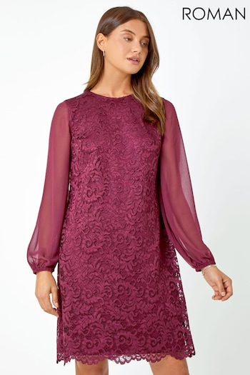 Roman Red Floral Lace Chiffon Sleeve Shift Dress (Q56127) | £55