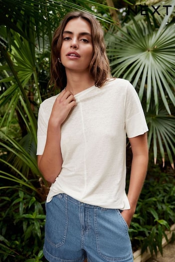 Ecru Premium 100% Linen Crew Neck Slim Fit Short Sleeve T-Shirt (Q56172) | £28