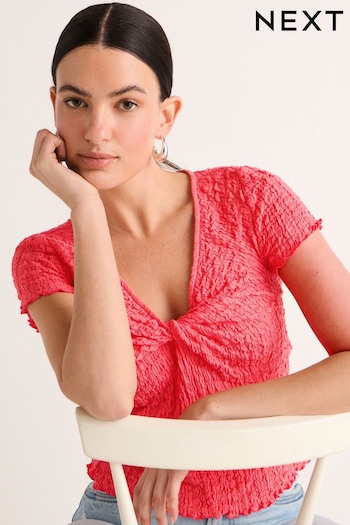 Pink Textured Twist Front Short Sleeve Top (Q56180) | £22