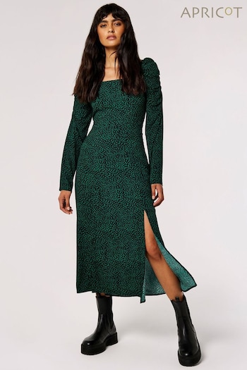 Apricot Green Ikat Ruched Long Sleeve Side Split Dress (Q56217) | £39