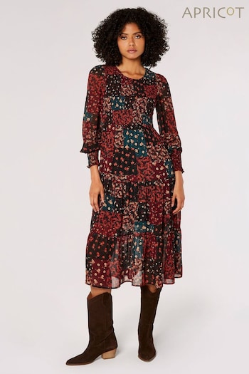 Apricot Red Patchwork Ditsy Long Sleeve Midi Dress (Q56218) | £40