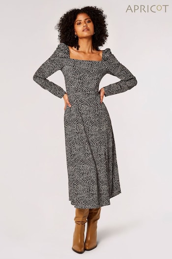 Apricot Black Ikat Ruched Long Sleeve Side Split Dress (Q56225) | £39
