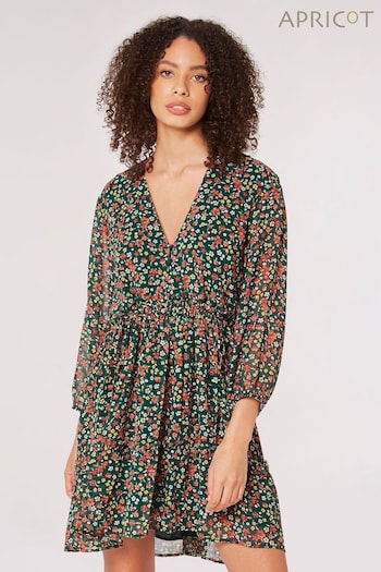 Apricot Green Ditsy Ruched V-Neck Dress (Q56229) | £36