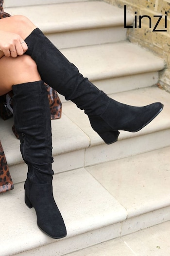 Linzi Black Zena Faux Suede Square Toe Block Heel Knee High Boots (Q56250) | £55