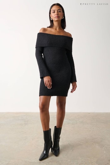 Pretty Lavish Black Elodie Mini Bardot Knitted Jumper Dress (Q56513) | £55