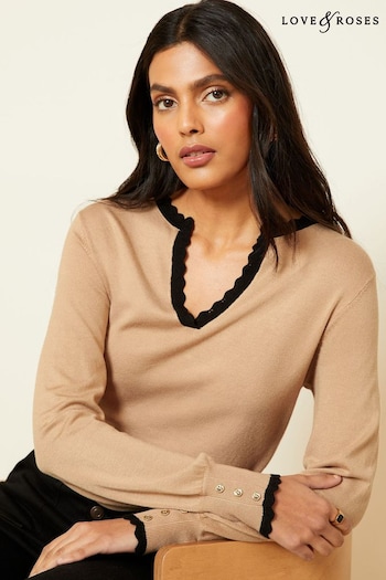 Love & Roses Camel Contrast V Neck Long Sleeve Knitted Jumper (Q56632) | £38