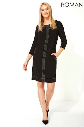 Roman Black 3/4 Sleeve Top Stitch Shift Dress (Q56692) | £42