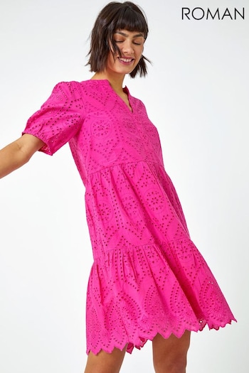 Roman Pink Embroidered Tiered Cotton Smock Dress (Q56823) | £48