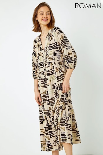 Roman Brown Abstract Print Tiered Shirt Dress (Q56828) | £42
