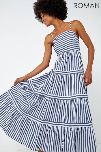 Roman Blue Cotton Stripe Tiered Maxi print Dress (Q56917) | £48