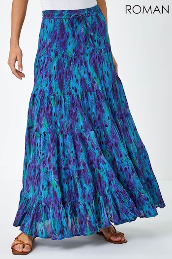 Roman Blue Feather Print Tiered Cotton Maxi Skirt (Q56918) | £35