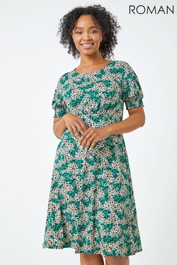 Roman Green Petite Floral Shirred Mini Stretch Dress (Q56929) | £38