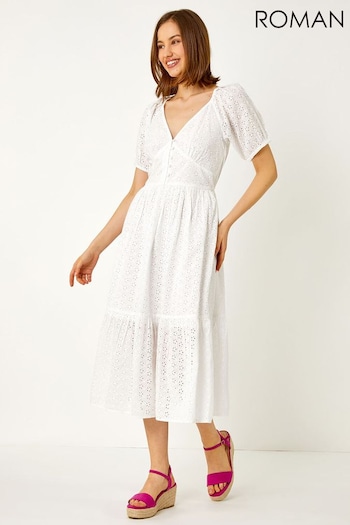 Roman White Broderie Puff Sleeve Tiered Midi Dress (Q56930) | £50