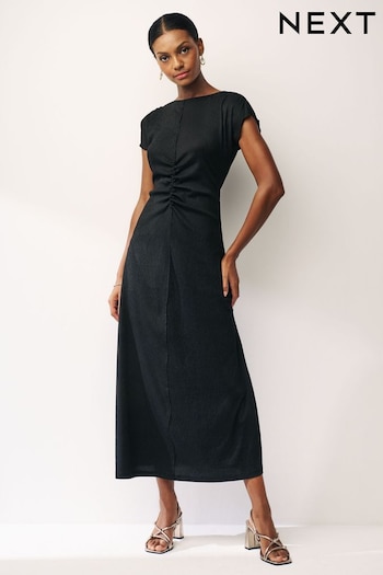Black Textured Ruched Midi Dress (Q57148) | £38