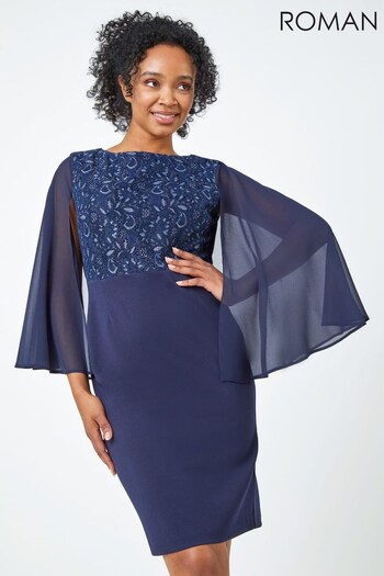 Roman Blue Petite Lace Chiffon Cape Sleeve Dress (Q57168) | £58
