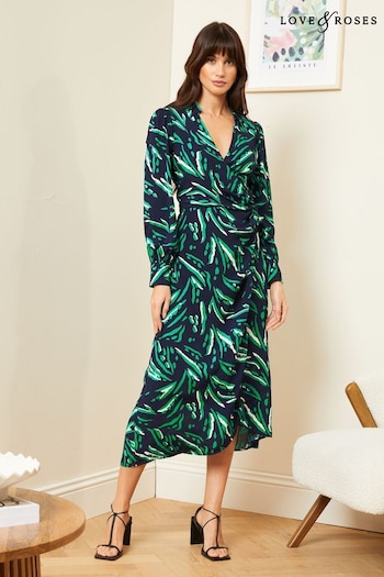 Candles & Home Fragrance Blue Animal Collared Long Sleeve Wrap Midi Dress (Q57174) | £50