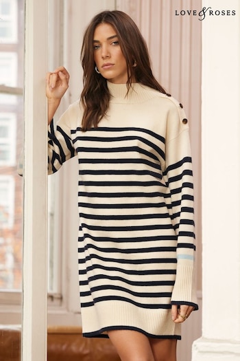 Love & Roses Ivory White Cosy Funnel Neck Button Shoulder Knitted Dress (Q57186) | £50