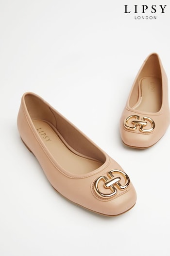 Lipsy Nude Pink Regular Fit Flat Square Toe Trim Faux Leather Ballet Pumps (Q57240) | £29