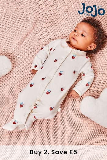 JoJo Maman Bébé Strawberry Embroidered Cotton Baby Sleepsuit (Q57312) | £21