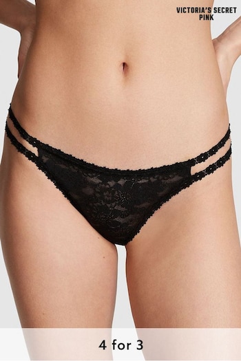 Victoria's Secret PINK Pure Black Thong Lace Strappy Thong Knickers (Q57338) | £9