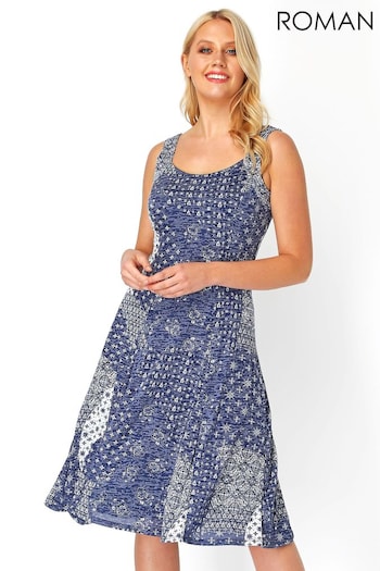 Roman Blue Patchwork Print Fit And Flare Dress (Q57455) | £40