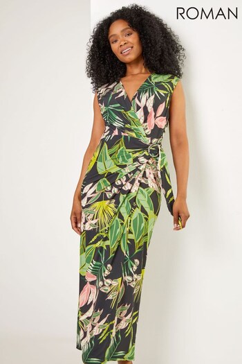 Roman Black Petite Floral Print Wrap Maxi Dress (Q57461) | £48