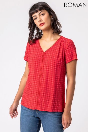 Roman Red Ditsy Embroidered Trim Detail Top (Q57473) | £26