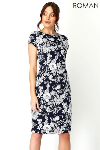 Roman Blue Floral Print Side Ruched Dress (Q57511) | £39