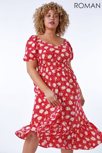 Roman Red Curve Floral Print Midi Dress KLEIN (Q57523) | £40