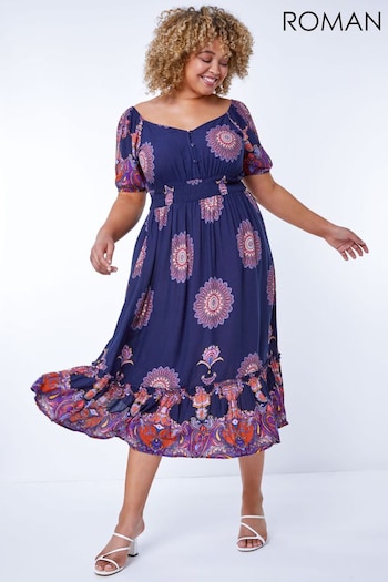 Roman Purple Curve Boho Print Sweetheart Midi Dress (Q57532) | £40