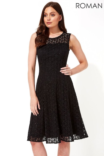 Roman Black Lace Fit and Flare Dress (Q57575) | £45