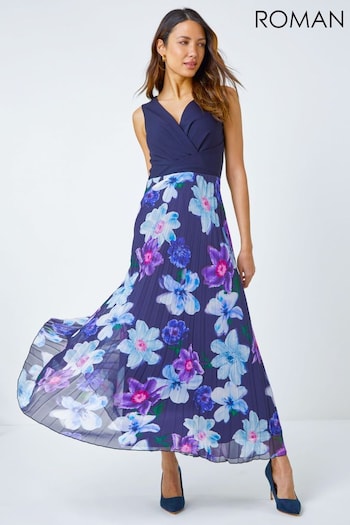 Roman Blue Floral Print Pleated Maxi Dress (Q57590) | £65