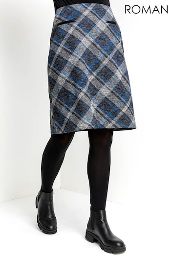 Roman Blue Check Print Textured Mini Skirt (Q57594) | £25