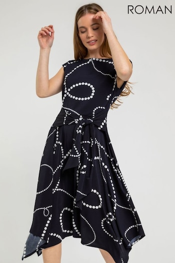 Roman Blue Petite Spot Print Tie Waist Dress (Q57595) | £40