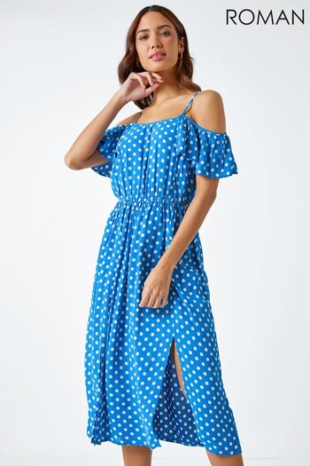 Roman Blue Cold Shoulder Polka Dot Midi Dress (Q57655) | £38