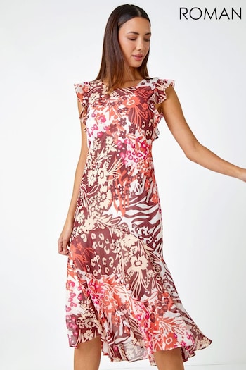 Roman Pink Floral Print Frill Detail Midi Dress (Q57673) | £55