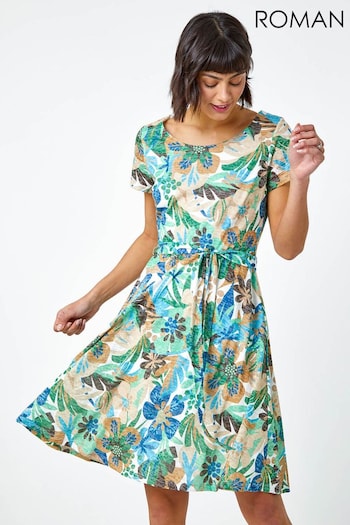 Roman Green Tropical Burnout Print Belted Dress (Q57682) | £42