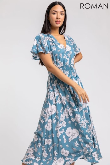 Roman Blue Floral Print Tiered Midi Dress (Q57706) | £42