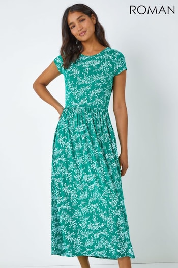 Roman Green Ditsy Gathered Skirt Stretch Midi Dress (Q57748) | £36
