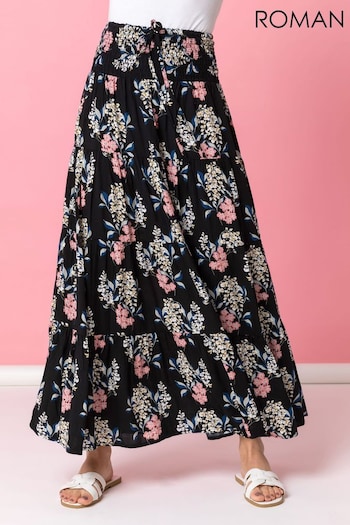 Roman Black Floral Shirred Waist Maxi Skirt (Q57752) | £35