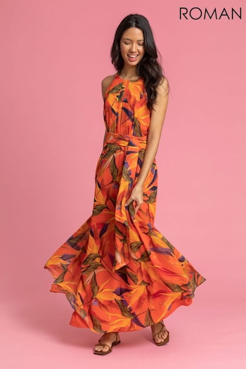 Roman Orange Floral Print Tie Waist Maxi Dress (Q57766) | £60