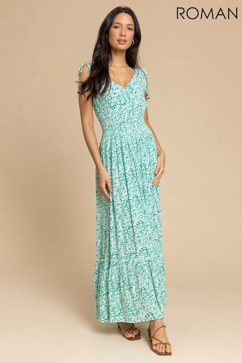 Roman Green Ditsy Floral Shirred Waist Maxi Dress (Q57767) | £40
