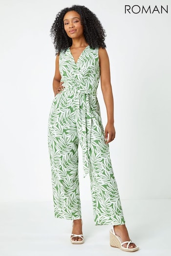 Roman Green Petite Sleeveless Leaf Print Jumpsuit (Q57781) | £45