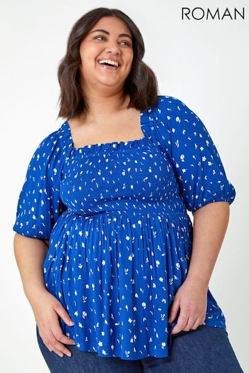 Roman Blue Curve Ditsy Floral Shirred Stretch Top (Q57793) | £32