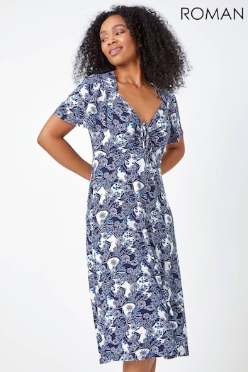 Roman Blue Petite Floral Ruched Stretch Tea Dress (Q57800) | £40
