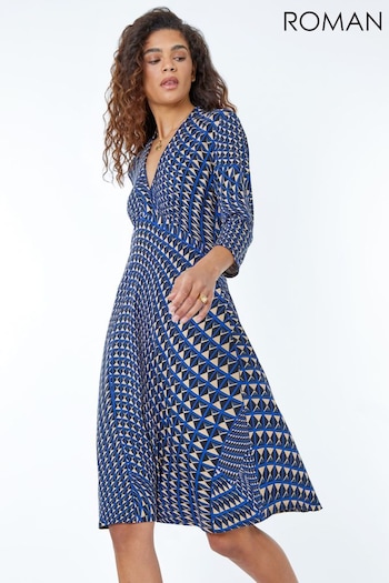 Roman Blue Geometric Print Dress (Q57810) | £40