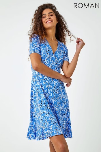 Roman Blue Floral Print Wrap Dress (Q57811) | £36