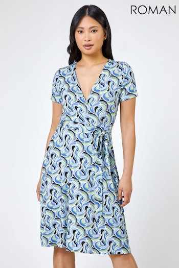 Roman Blue Petite Swirl Print Jersey Wrap Dress (Q57815) | £38