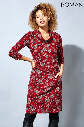Roman Red Paisley Print Cowl Neck Dress (Q57820) | £35